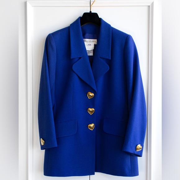 Yves Saint Laurent Encore Vintage S/S 1995 Royal Blue Gold Hearts Jacket Suit - Picture 6 of 16